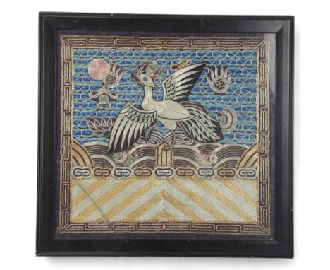 A Chinese gold and silver embroidered panel depicting a phoenix, modern frame, overall frame dimensions 28cm x 30cmGood origi