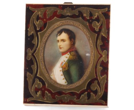 Miniature portrait of Napoleon Bonaparte, watercolour on ivory, unsigned, in original tortoiseshell and brass Boulle marquetr