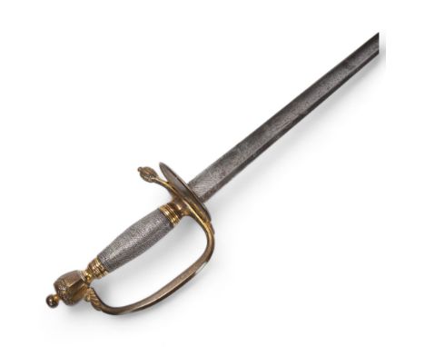 A Georgian sword with silver-bound gilt-brass hilt, folding guard and engraved blade with GR cipher, by J F Runkel Solingen, 