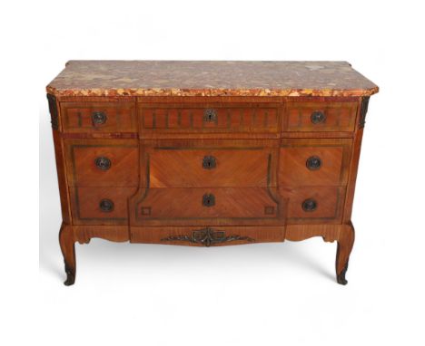 A French marble-topped 3-drawer commode, with inlaid drawer fronts, width 121cm Good condition