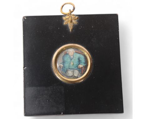 Miniature portrait of a fat man in a chair, watercolour on card, unsigned, in original lacquer frame, overall frame dimension