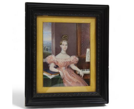 William Hudson, portrait of a young woman seated at a piano, miniature watercolour on ivorine, signed and inscribed Bond Stre