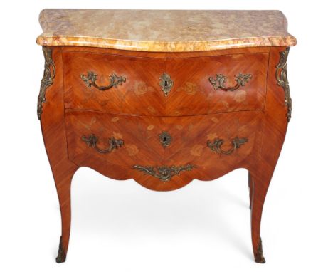 A French marble-topped 3-drawer commode, with inlaid drawer fronts, width 87cmGood condition 