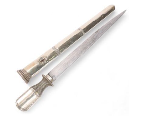 An Indian Sikkim white metal dagger and sheath, 18th-19th century, length 42.5cm, unmarkedScabbard has a few very light dents