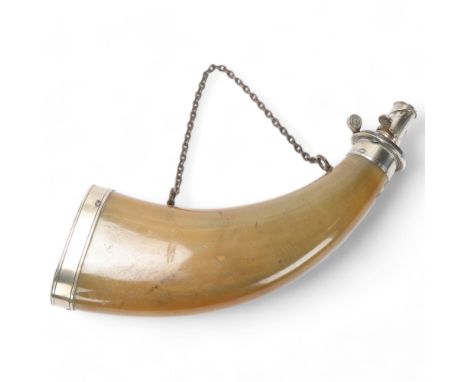 A 19th century buffalo horn powder flask with nickel plate mounts, length 26cm2 chips just below the nickel mount, general li