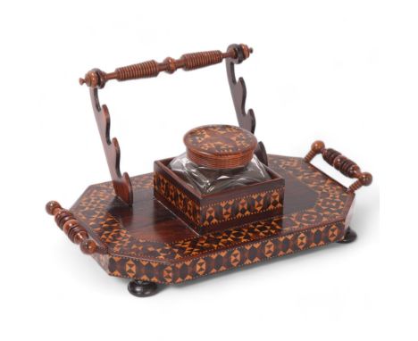 Victorian Tunbridge Ware and rosewood desk stand, with parquetry inlaid banding and glass inkwell, circa 1840, width 21.5cm G