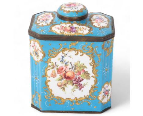 An 18th century Battersea Enamel tea caddy of canted rectangular form, with hand painted panels depicting fruit and blossom i