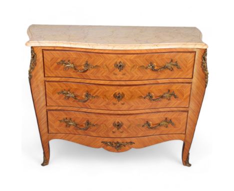 A French marble-topped 3-drawer commode, with inlaid drawer fronts, width 112cmGood condition 