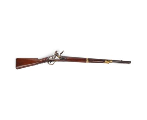 An antique flintlock rifle, with brass bound barrel, makers stamp to barrel, stock marks AM and crown, lock plate stamped let