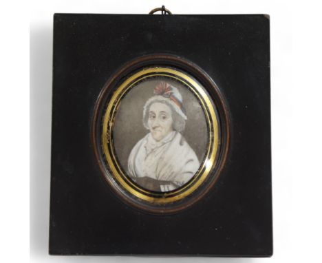 Miniature portrait of a woman, watercolour on ivory, unsigned, early 19th century, framed, overall frame dimensions 14.5cm x 