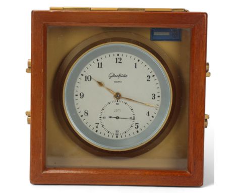 Glashutte quartz chronometer, glazed mahogany case with brass carrying handles, case width 18.5cm, working orderAll in good c