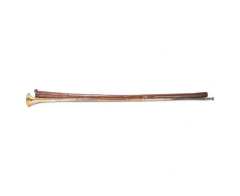A brass coaching horn, by Army & Navy of London, length 145cm, in leather holderSeveral very light dents, generally good cond