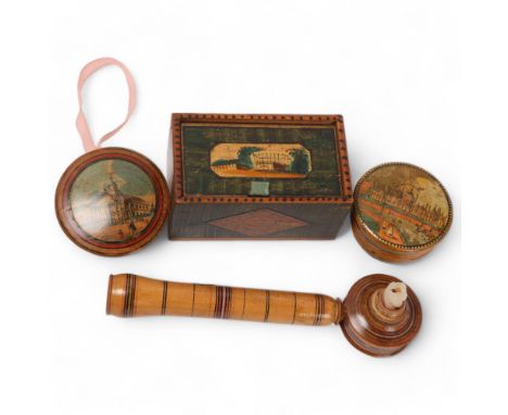 A group of 4 early 19th century Whitewood items, comprising a travelling chamber stick labelled "A Brighton Trifle", circa 18