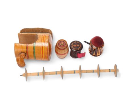 A group of 5 x 19th century Tunbridge Ware and Whitewood items, comprising a Stick Ware pin cushion in the form of a coffee p