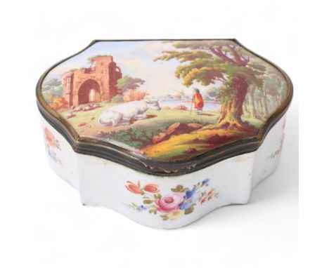 18th century Battersea Enamel box, the lid having a painted enamel scene depicting cattle and figure in a landscape, 14cmGood