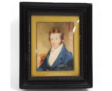 Miniature portrait of a gentleman wearing a blue coat, watercolour on ivorine, early 19th century, unsigned, framed, overall 