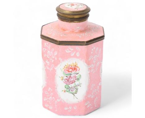 18th century Battersea Enamel tea caddy of octagonal form, with painted enamel floral panels on pink ground, height 12cmGood 
