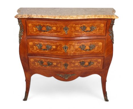 A French marble-topped 3-drawer commode, with inlaid marquetry and ormolu mounts, width 105cmGood condition 