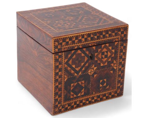 Early 19th century Tunbridge Ware tea caddy, circa 1840, with cube parquetry inlay and inner lid, width 11.5cm 