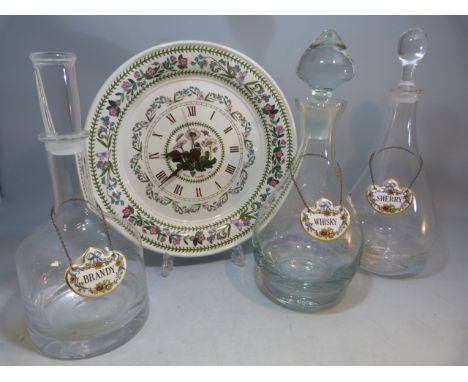 Three Decanters with Coalport ceramic decanter labels and a Portmeirion wall clock