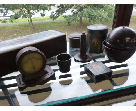 Large collection of Bakelite items to include pots and a miniature table clock