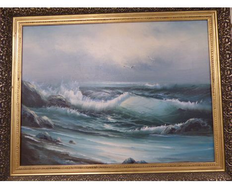 Large oil painting of a seascape scene