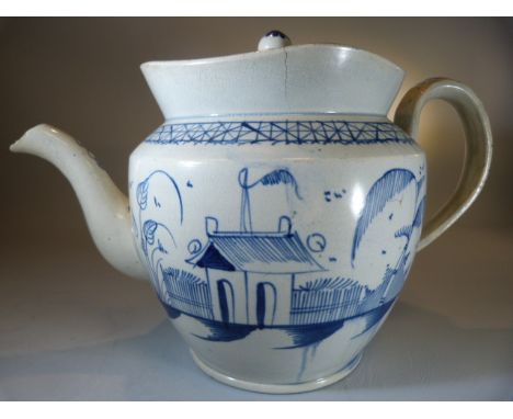 Large Pearlware blue and white hand painted Punch pot with Galleried top. Painted in underglaze blue with a Chinoiserie scene