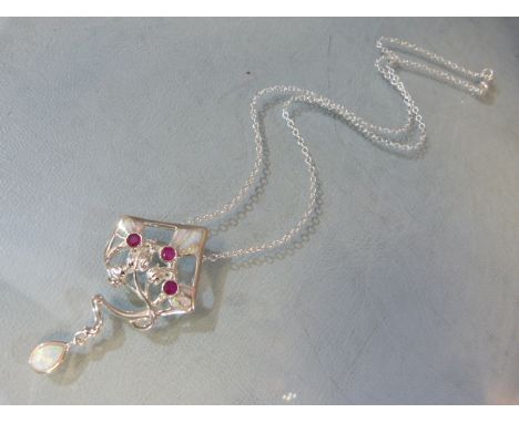 Silver Opal and Ruby pendant Necklace of floral design