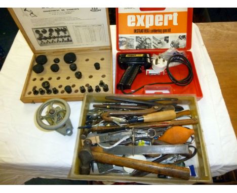 A quantity of watch makers tools, including presses, soldering iron, assorted hand tools and more (parcel)