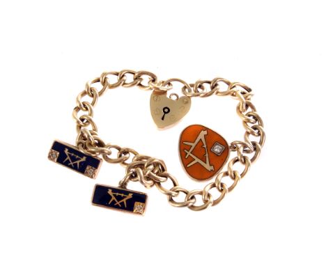 A 9ct gold charm bracelet, with heart padlock clasp, having three added panels with enamel and gem set design, approx 13g