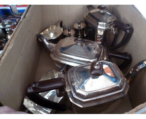 An Art Deco five piece silver plated tea service from B&W, together with two small silver plated cafe au laits pots from Alex