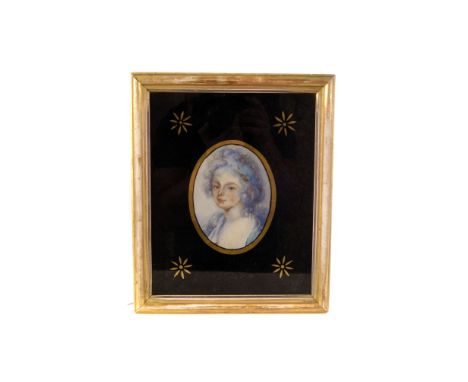 A 19th century portrait of a young lady in Verre Eglomise glass frame, together with two prints, one of a writer and the othe