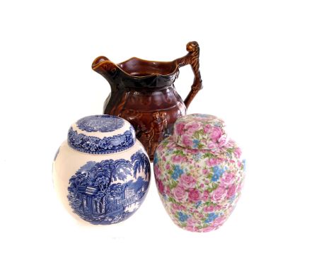 A Mason's blue and white transfer printed tea caddy, together with three graduated florally decorated ginger jars, plus a sel