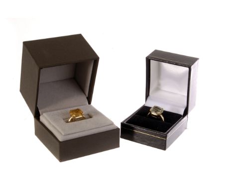 A 9ct gold and citrine dress ring, the square cut stone set in double claw mount, size N, together with a 9ct gold and beryl 