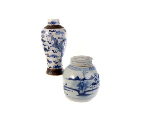 A Chinese blue and white ginger jar and cover, together with a Chinese blue and white vase and cover with dragon design, a ce