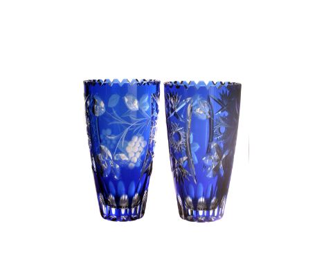 A pair of Royal blue flash cut glass vases, together with a cut glass bedside decanter, and a perfume bottle (5)