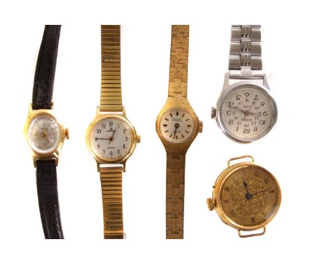 A small collection of lady's and gents watches, including a vintage Sekonda, two 9ct rose gold straps, a 9ct gold watch witho