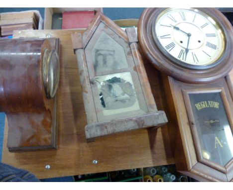 Three various wooden cased clocks, including a mantle inlaid example, an American style wall clock and a Gothic beehive glass