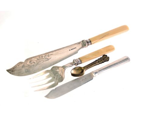 A pair of silver fish servers marked Sheffield 1868, together with other silver flatware plus two mother of pearl handled exa