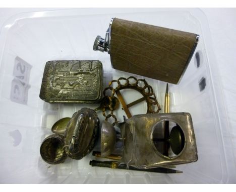 A collection of silver, silver plated and other items, including a silver carriage clock case, a silver pencil, two rolled go