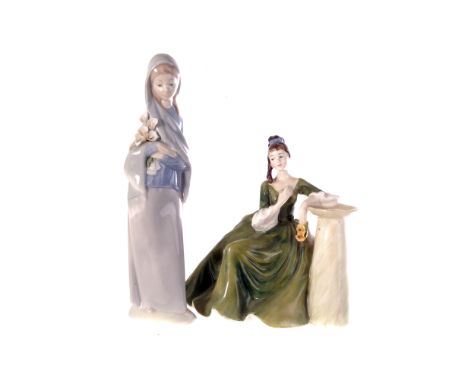 A Lladro figure of a lady holding a bunch of lilies, together with a Nao duck figural group and a Royal Doulton figure entitl