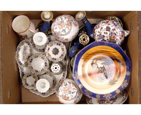 An assortment of various ceramic items, to include Noritake candle sticks, a cake stand, plates, ginger jars and cover and mo