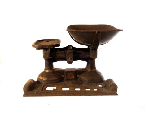 A set of Victorian Pooley & Sons kitchen scales, complete with a set of graduated weights (parcel)