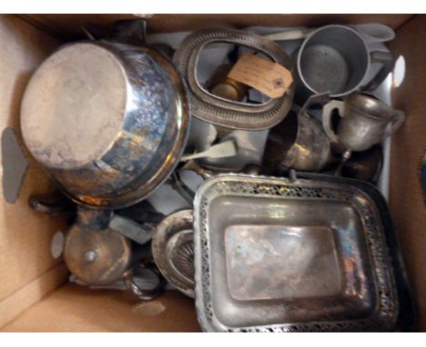 A collection of silver plated items, including a wooden and silver plated tray, a Walker & Hall swing handled dish, kettle on