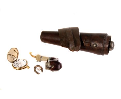 Of Hunting Interest: A collection of hunting related items, including a  glass hunting flask in leather carry case, a yellow 