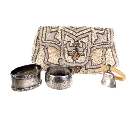 A group of various silver items, including napkin rings, tea spoons and a cased set, together with an Art Deco bead purse (pa