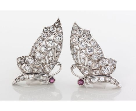 Each designed as a butterfly, set throughout with round brilliant-, baguette- and single-cut diamonds weighing approximately 