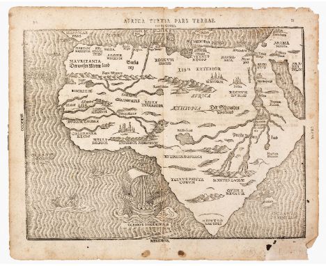 Heinrich Bunting[Leipzig: (1581) c1590] Woodblock, two leaves combined, double strike, chips on edges with some loss to margi