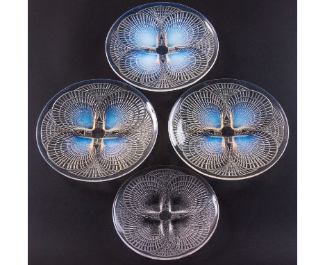 Each 20cm diameter, and another, clear glass, 16cm diameter,&nbsp;all with moulded R Lalique mark&nbsp;(4)