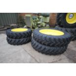 Set of John Deere row crop wheels and tyres. Comprising Goodyear 10-stud 340/85R38 fronts and